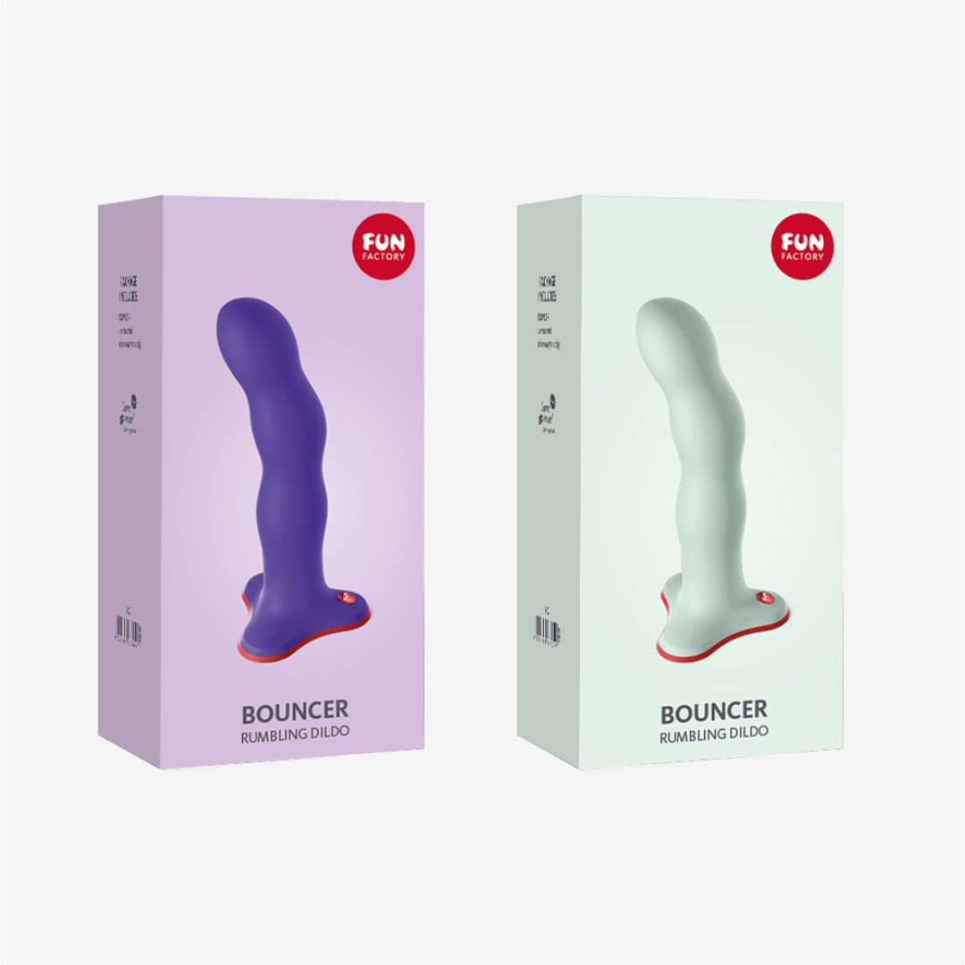 FUN FACTORY - Dildo BOUNCER sage green und flashy purple Verpackung