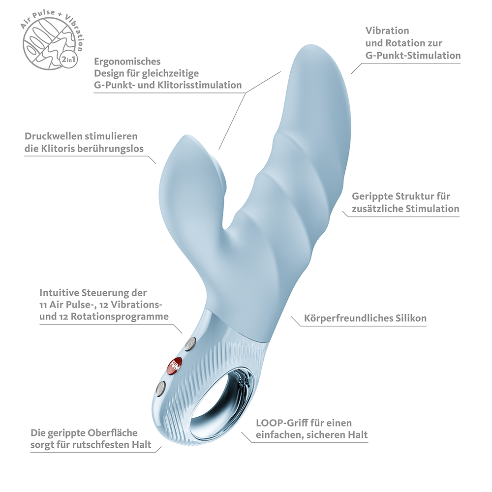 Volvéra Pulse Perky Sky Blue – Air Pulse Vibrator von FUN FACTORY, Infografik